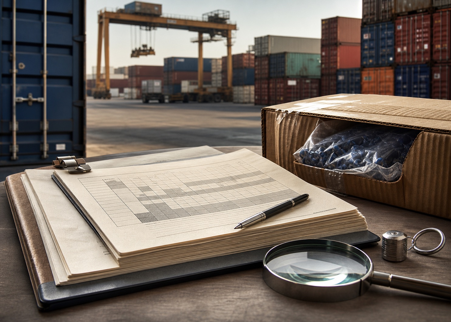 A customs classification file, cargo sample, container seal and inspection magnifier at an inland dry port, representing customs litigation.