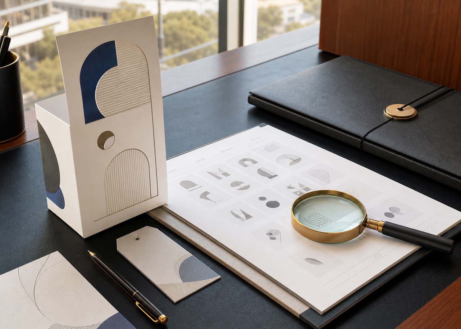 An original packaging concept under a magnifying loupe, representing trademark clearance, brand protection and intellectual property.